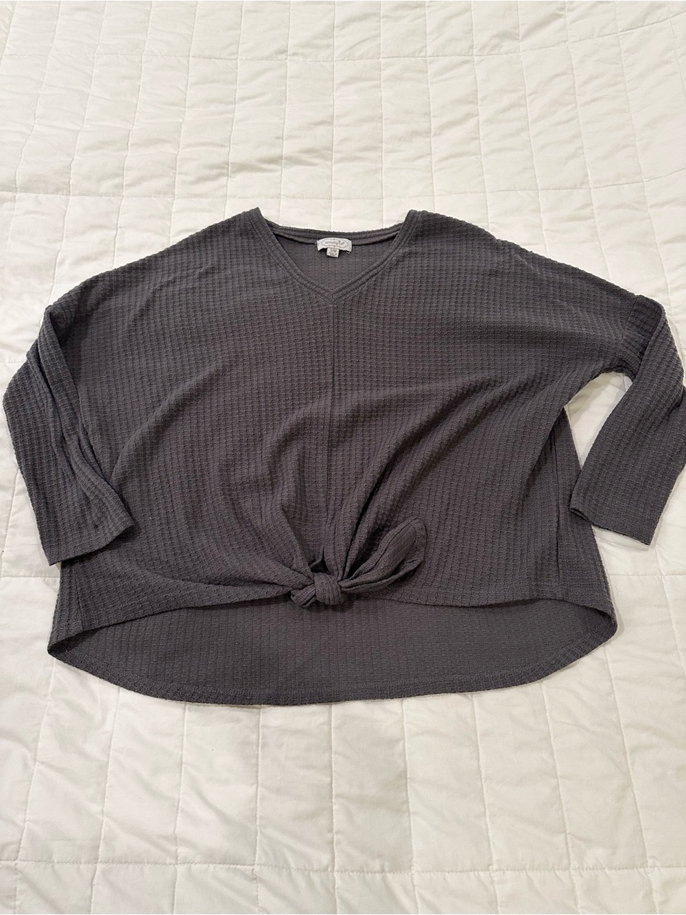 Mud Pie Dark Charcoal Waffle V-Neck Tie-Front Top